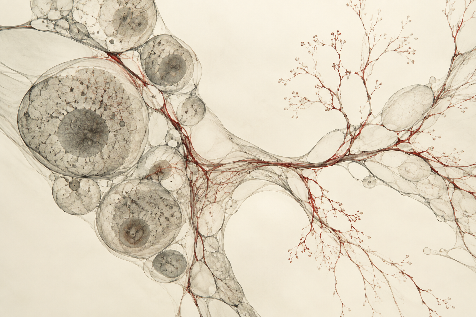 Abstract cellular artwork showing biological forms across scales